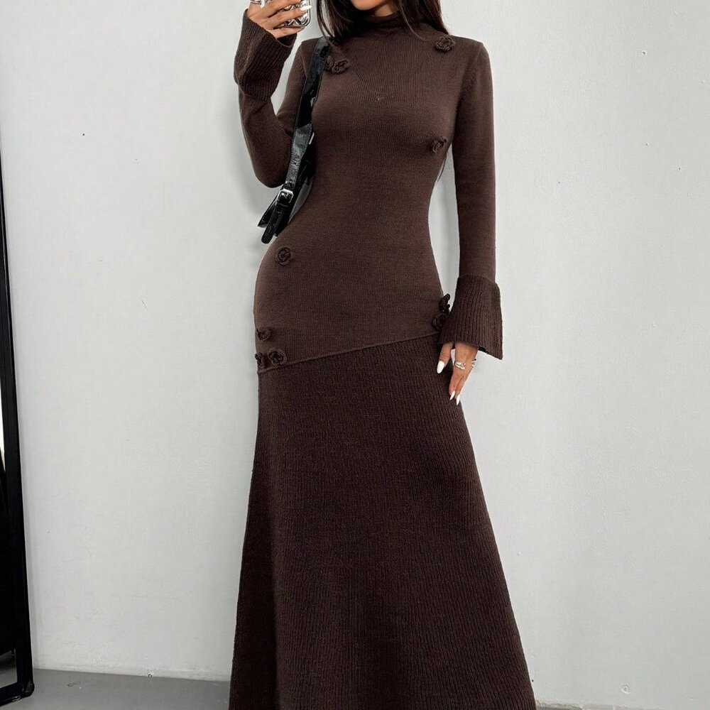 Brown Women's Elegant High Neck Long Floral Sweater Maxi Dress